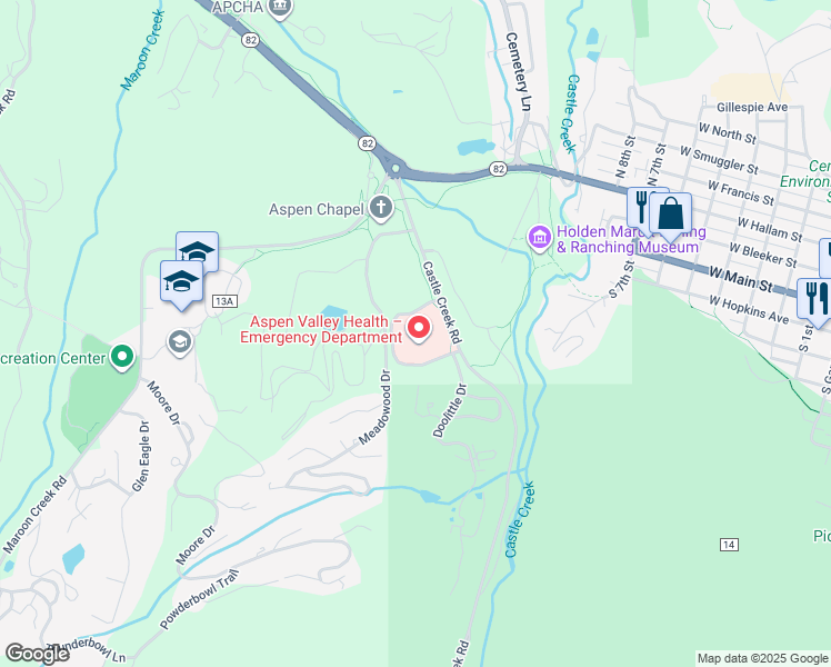 map of restaurants, bars, coffee shops, grocery stores, and more near 401 Castle Creek Road in Aspen