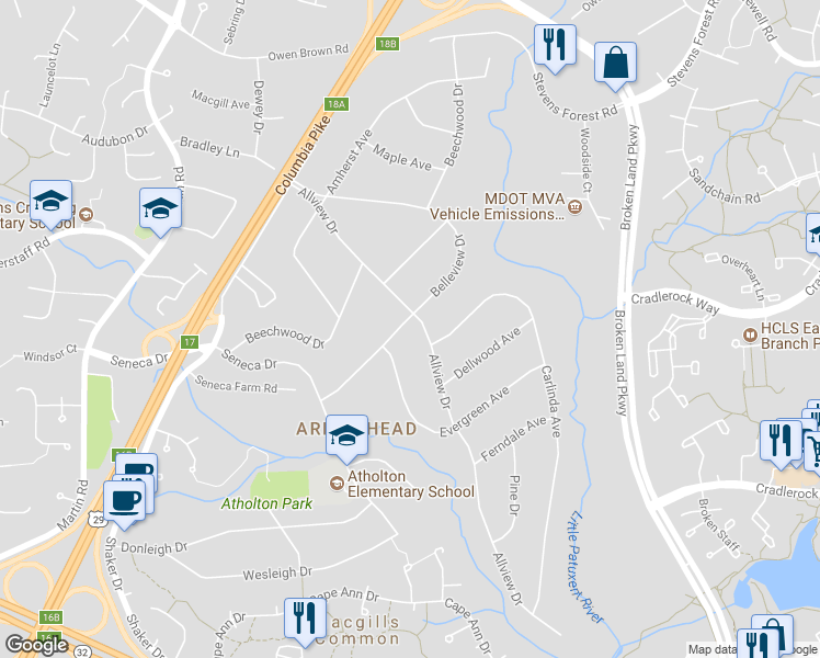 map of restaurants, bars, coffee shops, grocery stores, and more near 6532 Allview Drive in Columbia