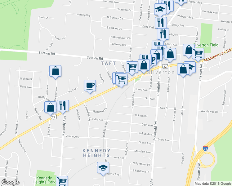 map of restaurants, bars, coffee shops, grocery stores, and more near 6920 Montgomery Road in Cincinnati