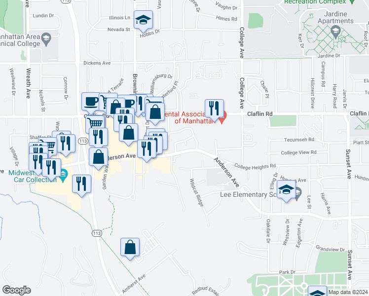map of restaurants, bars, coffee shops, grocery stores, and more near 1101 Vail Circle in Manhattan