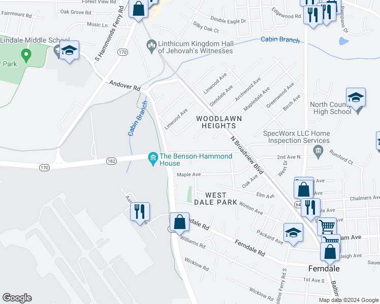 map of restaurants, bars, coffee shops, grocery stores, and more near Poplar Avenue in Glen Burnie
