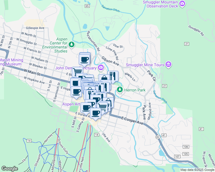 map of restaurants, bars, coffee shops, grocery stores, and more near 132 North Spring Street in Aspen