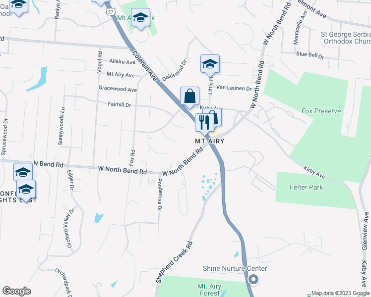 map of restaurants, bars, coffee shops, grocery stores, and more near 2644 West North Bend Road in Cincinnati