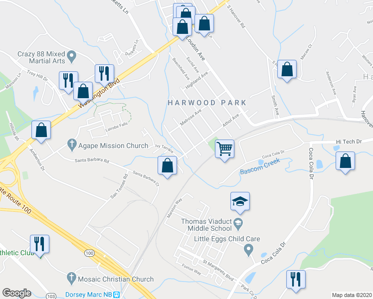 map of restaurants, bars, coffee shops, grocery stores, and more near 6774 Athol Avenue in Elkridge
