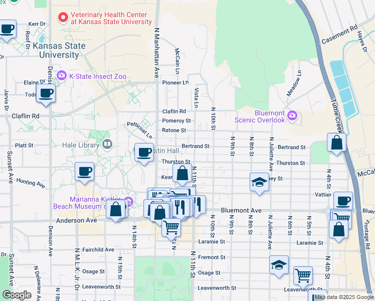 map of restaurants, bars, coffee shops, grocery stores, and more near 1029 Bertrand Street in Manhattan