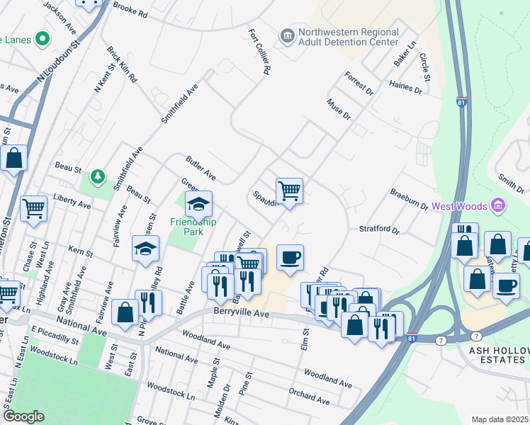 map of restaurants, bars, coffee shops, grocery stores, and more near 104 Old Dominion Drive in Winchester