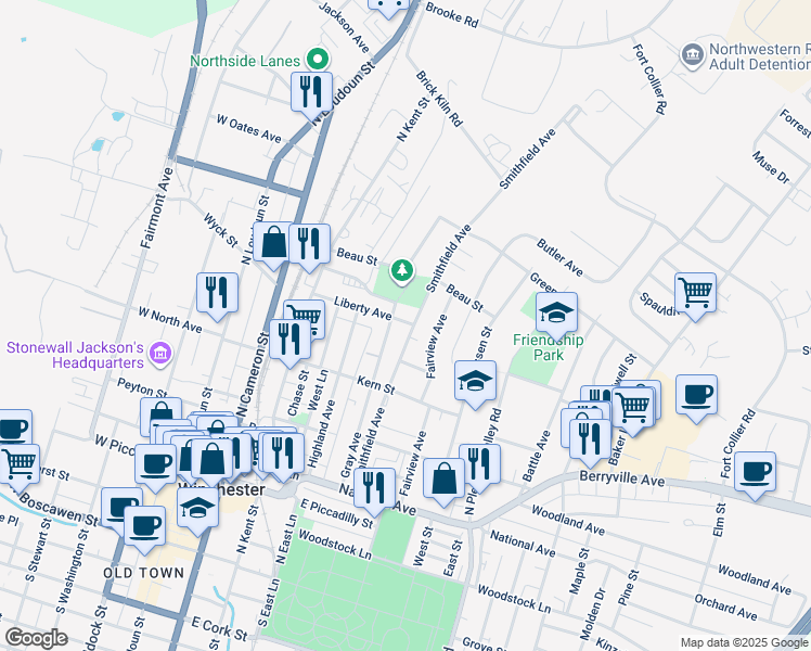 map of restaurants, bars, coffee shops, grocery stores, and more near 559 Smithfield Avenue in Winchester