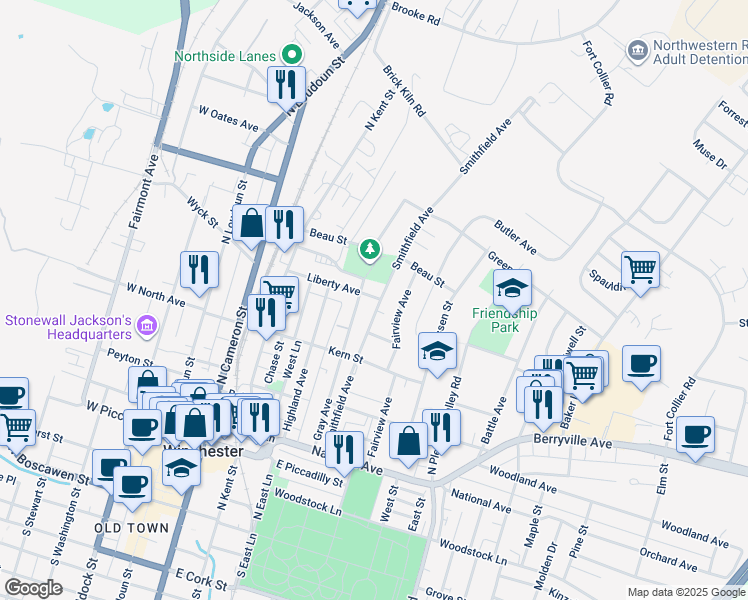 map of restaurants, bars, coffee shops, grocery stores, and more near 559 Smithfield Avenue in Winchester
