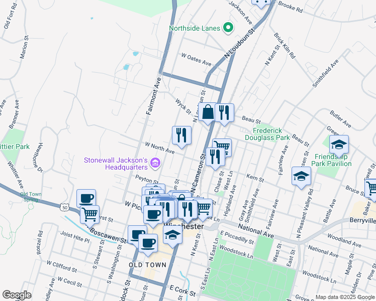 map of restaurants, bars, coffee shops, grocery stores, and more near 501 North Loudoun Street in Winchester