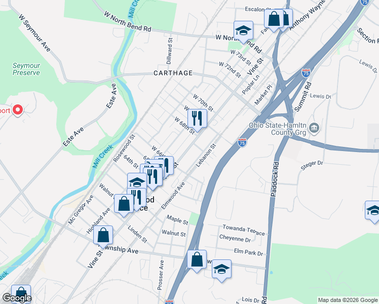 map of restaurants, bars, coffee shops, grocery stores, and more near 6637 Lebanon Street in Cincinnati