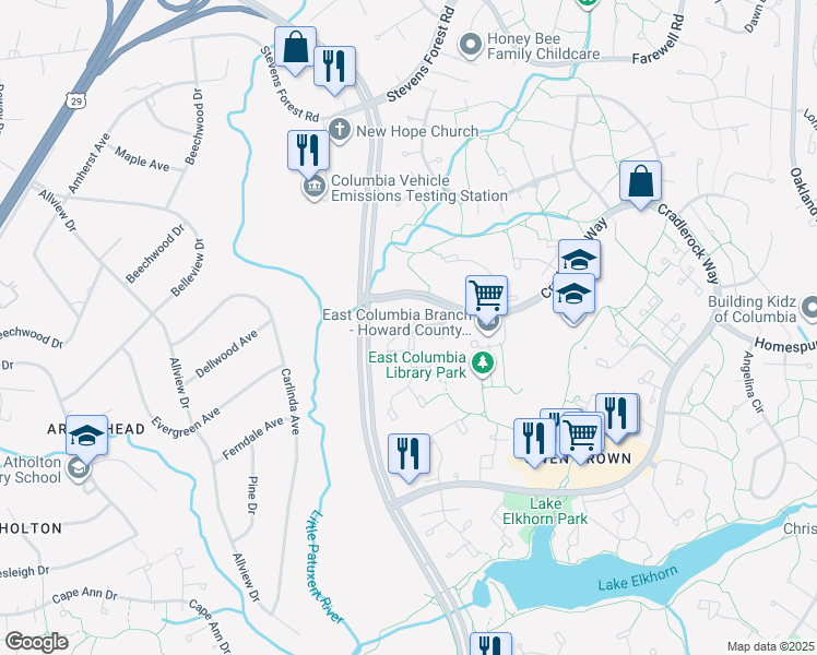 map of restaurants, bars, coffee shops, grocery stores, and more near 6531 Quiet Hours Place in Columbia
