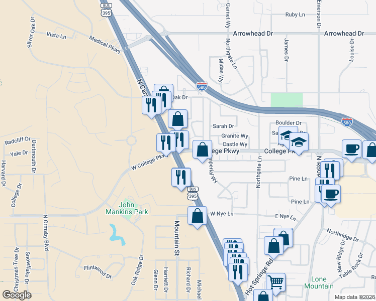 map of restaurants, bars, coffee shops, grocery stores, and more near 3589 North Carson Street in Carson City
