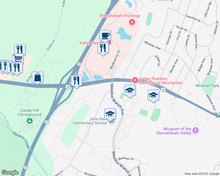 map of restaurants, bars, coffee shops, grocery stores, and more near 11 Meadow Branch Avenue in Winchester