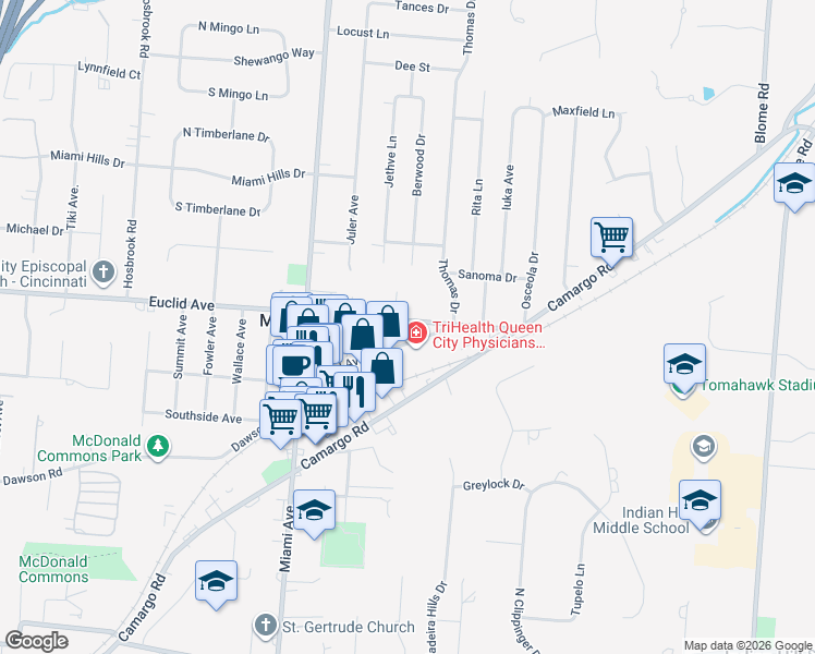 map of restaurants, bars, coffee shops, grocery stores, and more near 7853 Euclid Avenue in Cincinnati