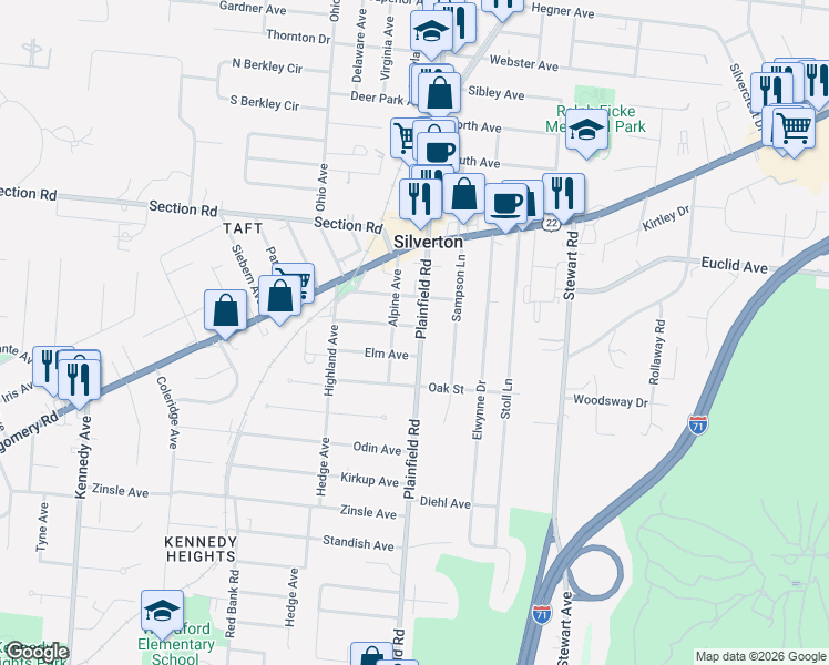 map of restaurants, bars, coffee shops, grocery stores, and more near 6732 Plainfield Road in Cincinnati