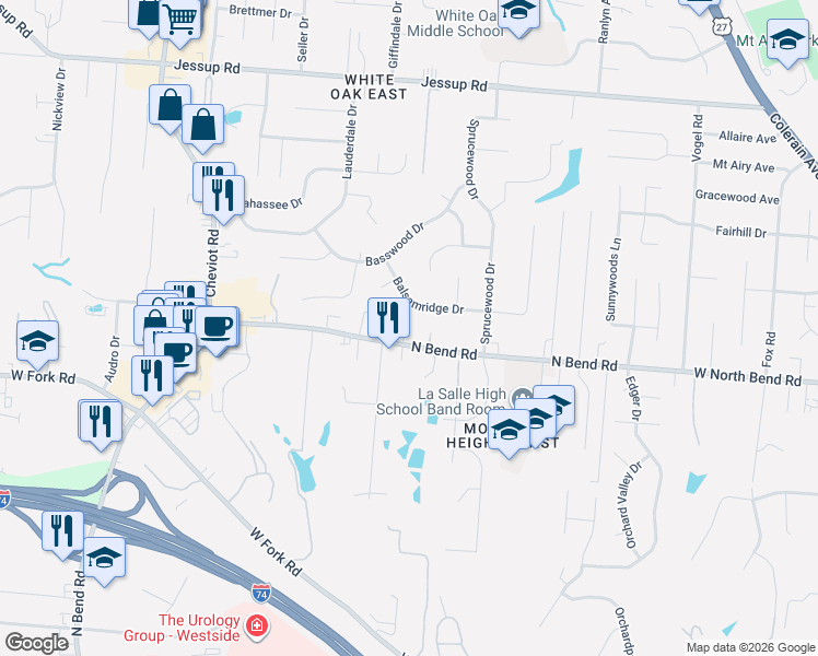 map of restaurants, bars, coffee shops, grocery stores, and more near 3237 West North Bend Road in Cincinnati