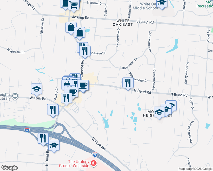 map of restaurants, bars, coffee shops, grocery stores, and more near 3375 North Bend Road in Cincinnati