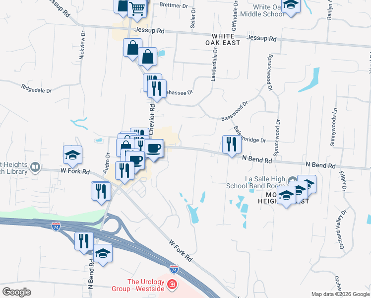 map of restaurants, bars, coffee shops, grocery stores, and more near 3375 North Bend Road in Cincinnati