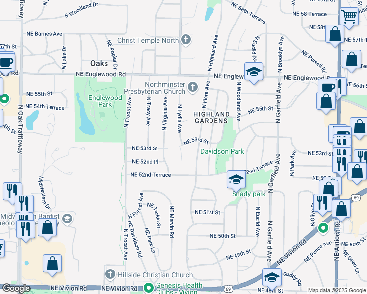 map of restaurants, bars, coffee shops, grocery stores, and more near 5250 North Lydia Avenue in Kansas City