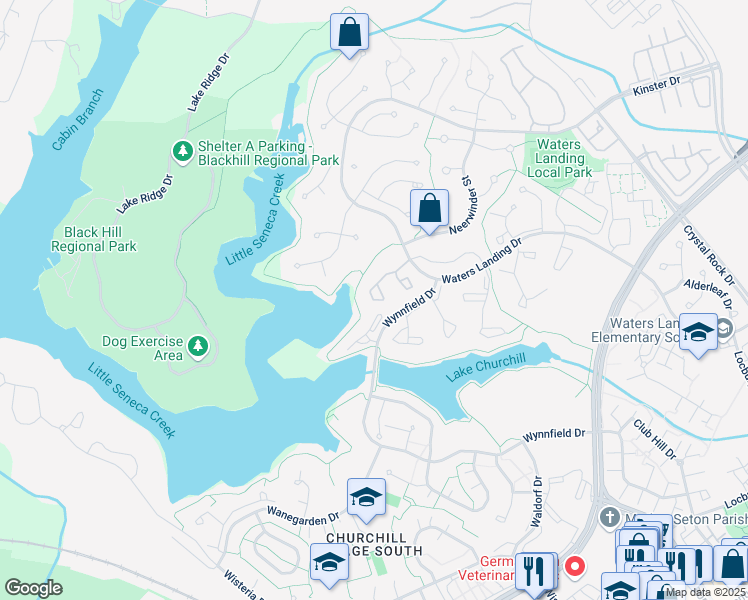 map of restaurants, bars, coffee shops, grocery stores, and more near 13613 Ambassador Drive in Germantown
