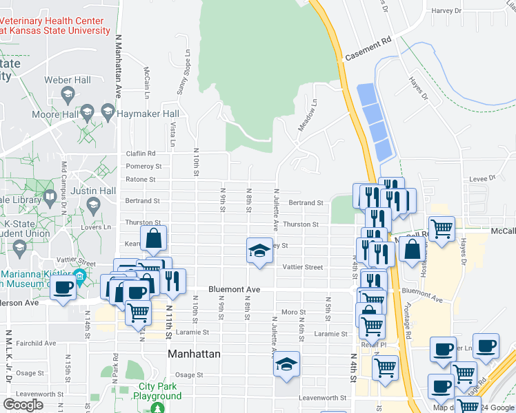 map of restaurants, bars, coffee shops, grocery stores, and more near 723 Bertrand Street in Manhattan