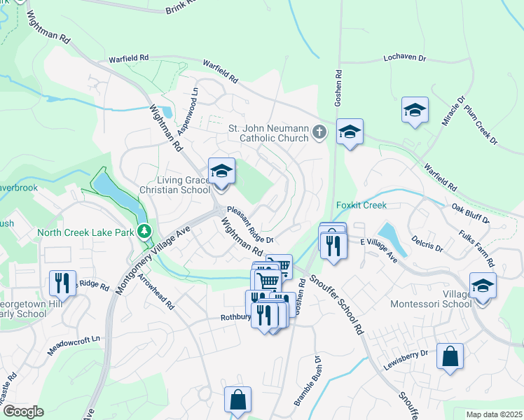 map of restaurants, bars, coffee shops, grocery stores, and more near 20744 Highland Hall Drive in Gaithersburg