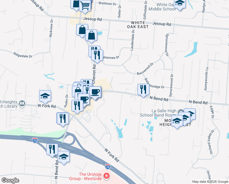 map of restaurants, bars, coffee shops, grocery stores, and more near 3375 North Bend Road in Cincinnati