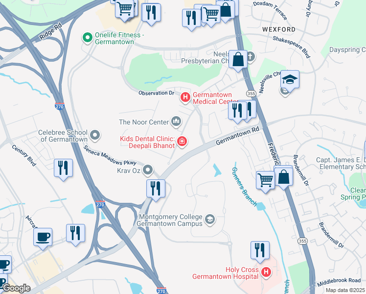map of restaurants, bars, coffee shops, grocery stores, and more near 20400 Observation Drive in Germantown