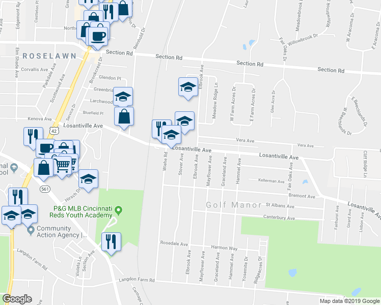 map of restaurants, bars, coffee shops, grocery stores, and more near 2241 Losantiville Avenue in Cincinnati