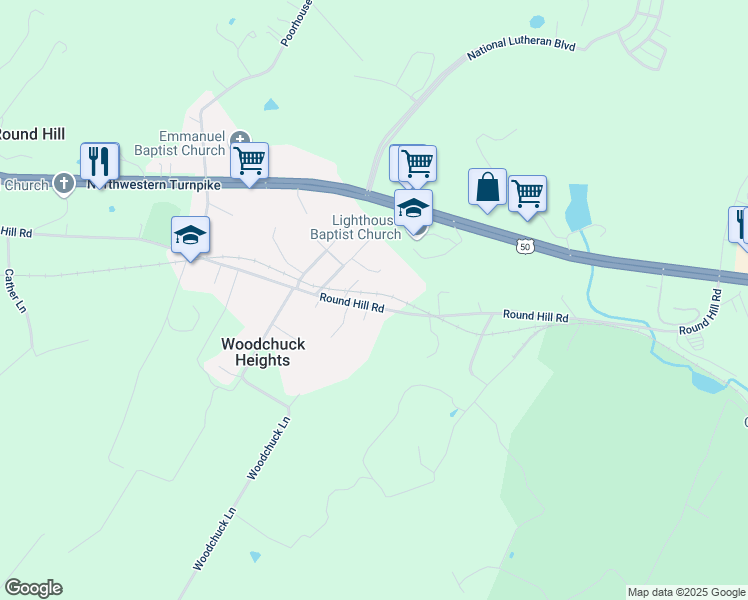 map of restaurants, bars, coffee shops, grocery stores, and more near 556 Round Hill Road in Winchester