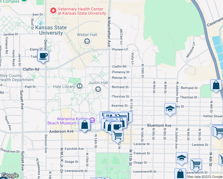 map of restaurants, bars, coffee shops, grocery stores, and more near 1225 Bertrand Street in Manhattan
