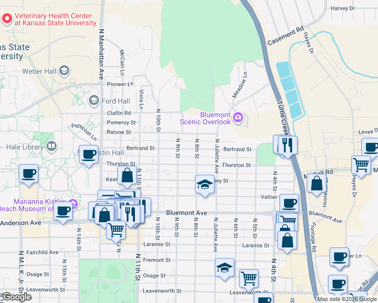 map of restaurants, bars, coffee shops, grocery stores, and more near 1121 North 8th Street in Manhattan