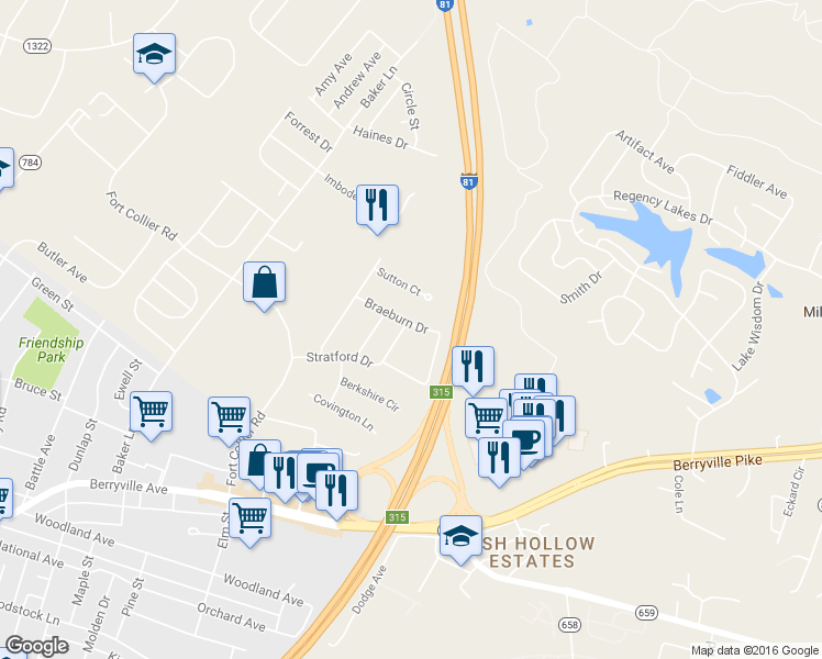 map of restaurants, bars, coffee shops, grocery stores, and more near 316 Stratford Drive in Winchester