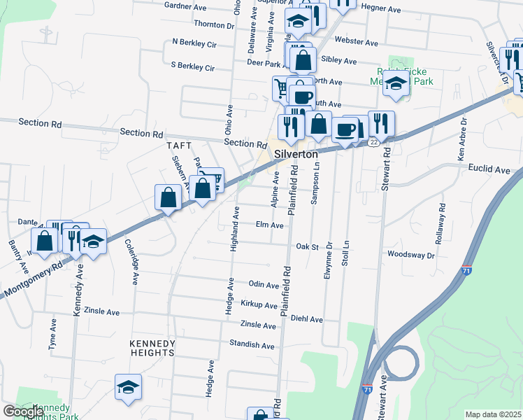 map of restaurants, bars, coffee shops, grocery stores, and more near 6736 Alpine Avenue in Cincinnati
