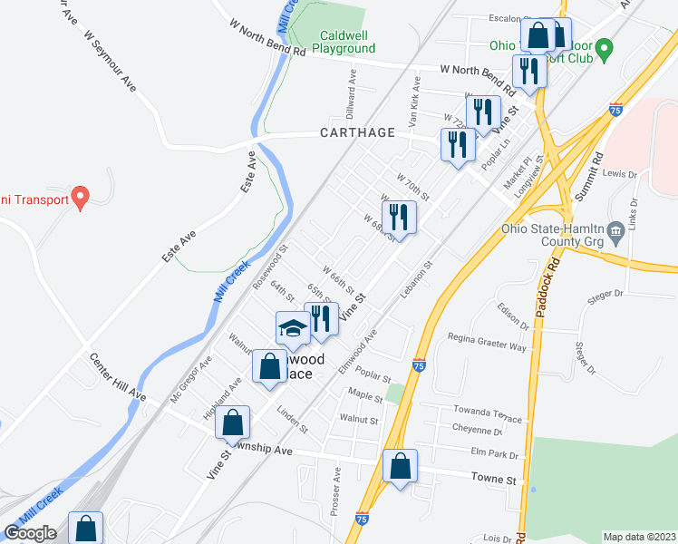 map of restaurants, bars, coffee shops, grocery stores, and more near 6605 Fairpark Avenue in Cincinnati