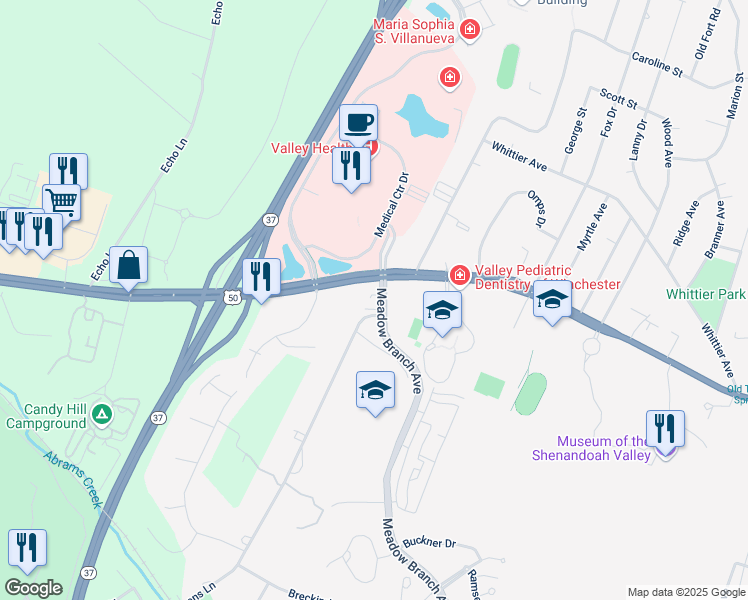 map of restaurants, bars, coffee shops, grocery stores, and more near 11 Meadow Branch Ave in Winchester