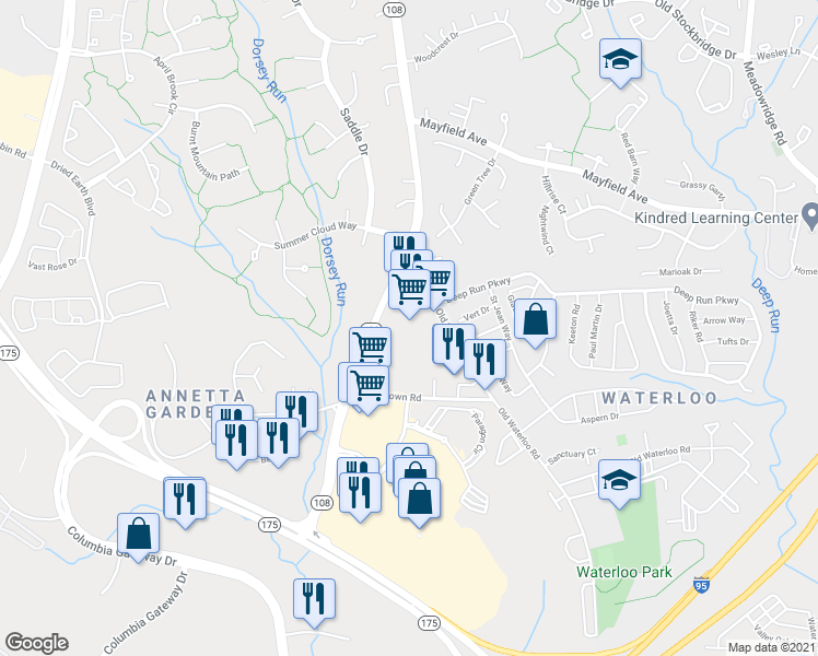 map of restaurants, bars, coffee shops, grocery stores, and more near 6551 Waterloo Road in Elkridge