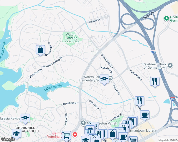 map of restaurants, bars, coffee shops, grocery stores, and more near 20323 Beaconfield Terrace in Germantown