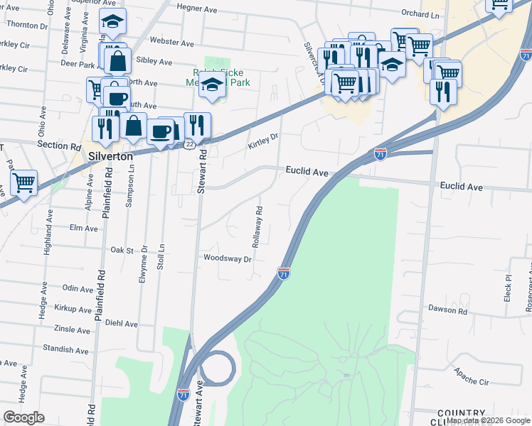 map of restaurants, bars, coffee shops, grocery stores, and more near 6746 Rollaway Road in Cincinnati