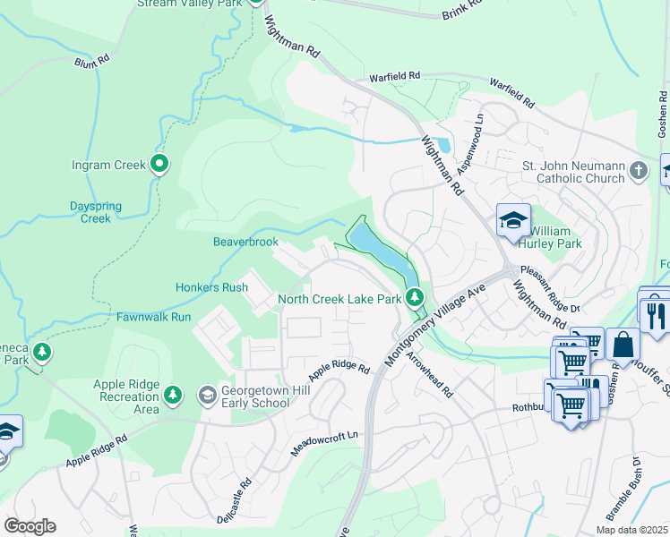 map of restaurants, bars, coffee shops, grocery stores, and more near 9722 Shadow Oak Drive in Gaithersburg