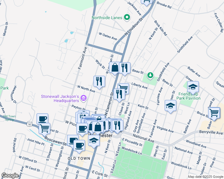 map of restaurants, bars, coffee shops, grocery stores, and more near 519 North Cameron Street in Winchester