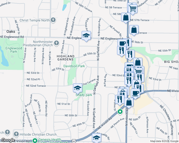 map of restaurants, bars, coffee shops, grocery stores, and more near 5312 North Euclid Avenue in Kansas City