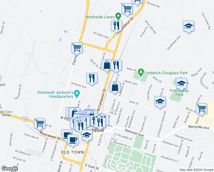 map of restaurants, bars, coffee shops, grocery stores, and more near 522 North Cameron Street in Winchester