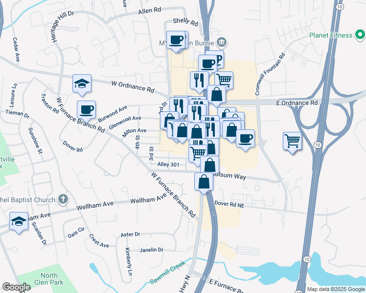 map of restaurants, bars, coffee shops, grocery stores, and more near 6722 Ritchie Highway in Glen Burnie