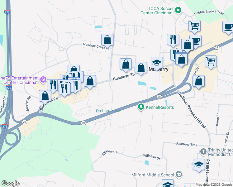 map of restaurants, bars, coffee shops, grocery stores, and more near Orchard Lake Drive in Milford