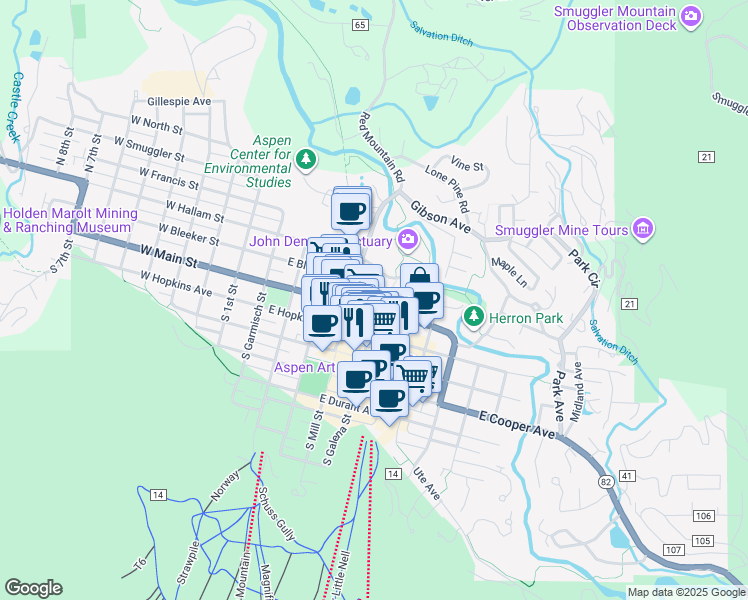 map of restaurants, bars, coffee shops, grocery stores, and more near in Aspen