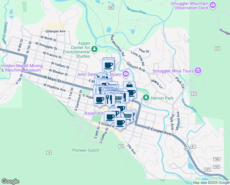 map of restaurants, bars, coffee shops, grocery stores, and more near in Aspen