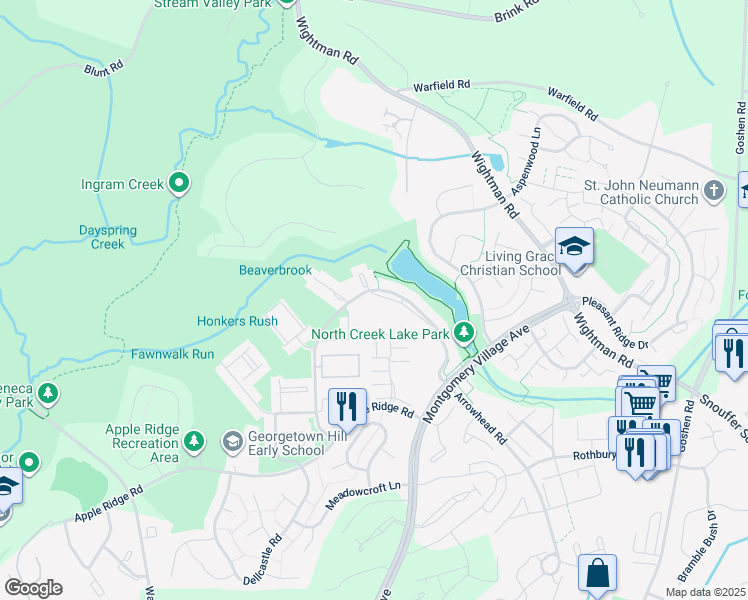 map of restaurants, bars, coffee shops, grocery stores, and more near 9722 Shadow Oak Drive in Gaithersburg