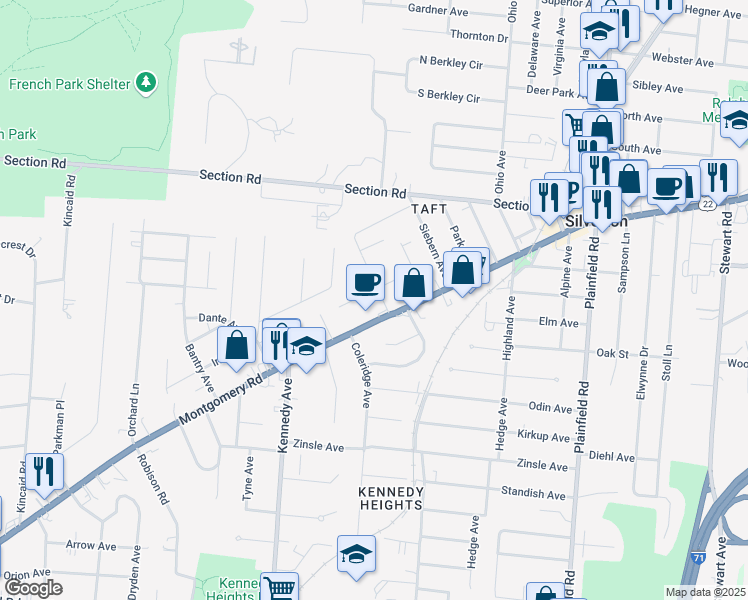 map of restaurants, bars, coffee shops, grocery stores, and more near 6805 Montgomery Road in Cincinnati