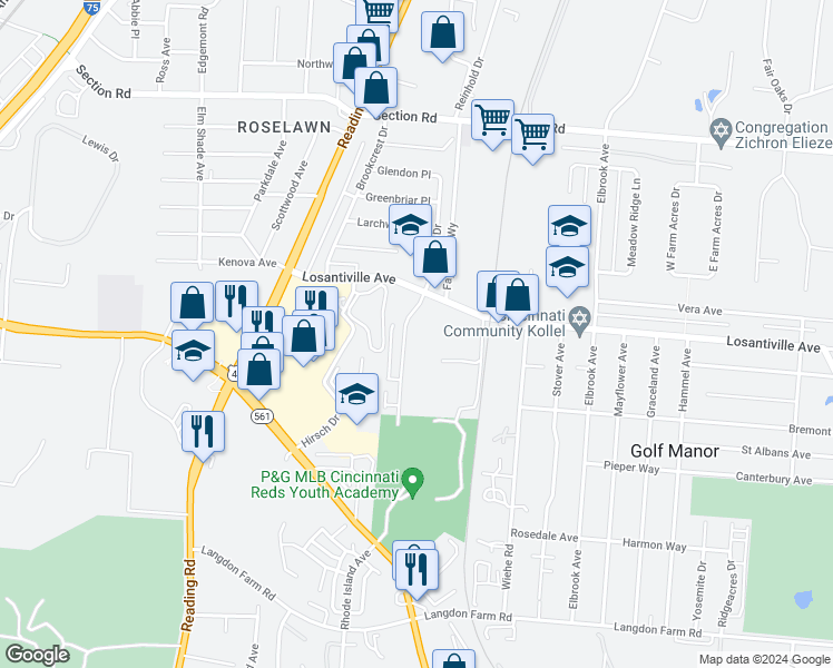 map of restaurants, bars, coffee shops, grocery stores, and more near 7146 Eastlawn Drive in Cincinnati